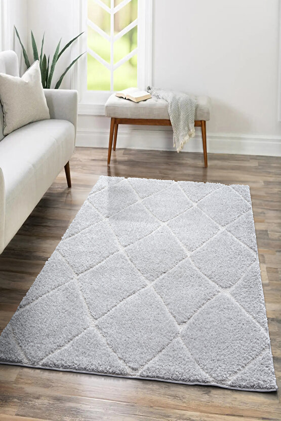 B109 Gri Kolay Kullanım Hav Toz Vermez Yumuşak Dokulu Uzun Tüylü Modern Shaggy Halı