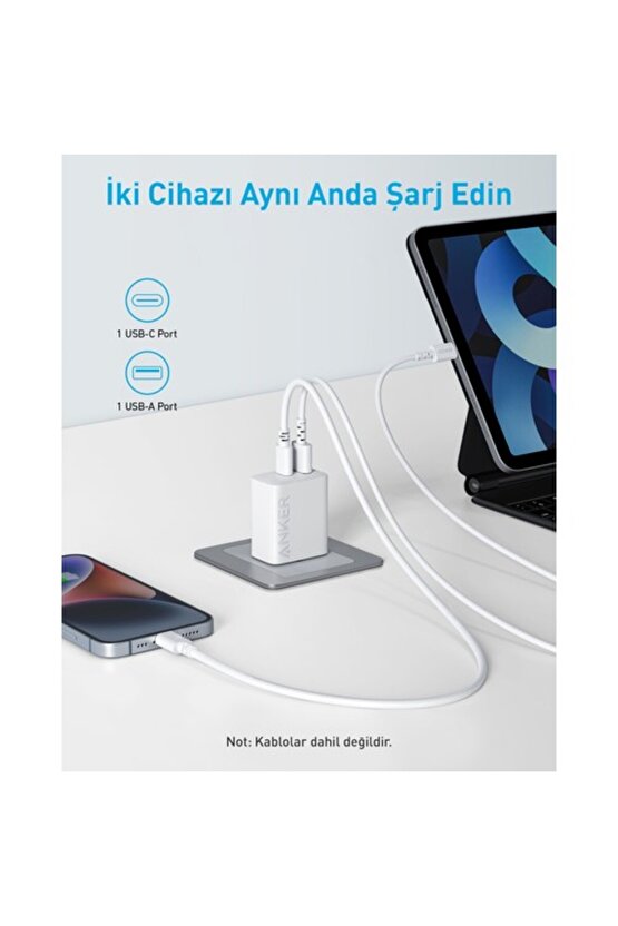 20W USB-C + USB-A Çift Portlu Şarj Cihazı - A2348 - Beyaz