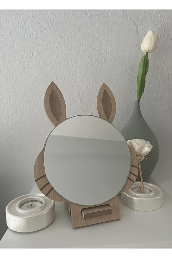 Masaüstü Kahverengi Renk Hediyelik Dekoratif Makyaj Aynasi,tavşan Kulaklı,sevimli Ayna, Çocuk Ve Gen