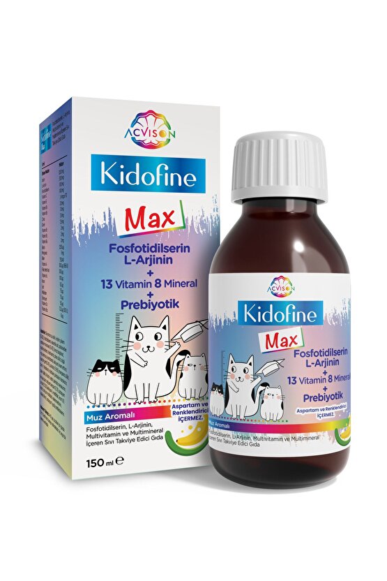 Kidofine Max Çocuklar Için Multivitamin Fosfotidilserin L-arjinin 13 Vitamin 8 Mineral Prebiyotik