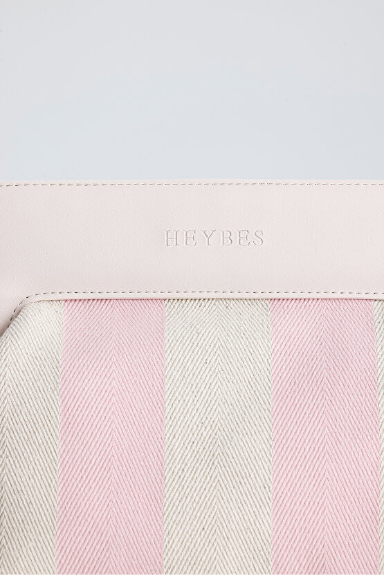 Heybes Kadın Pembe Çizgi Desenli Kanvas Clutch El Çantası