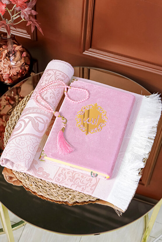 Hediyelik Kuran Seti Rahleli Ahşap Kuran Standı Kadife Kuran İnci Tesbih Seccade Seti