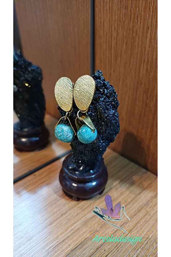 Doğal Taş Larimar Küpe Altın Kaplama Huzur ve Dişil Güç