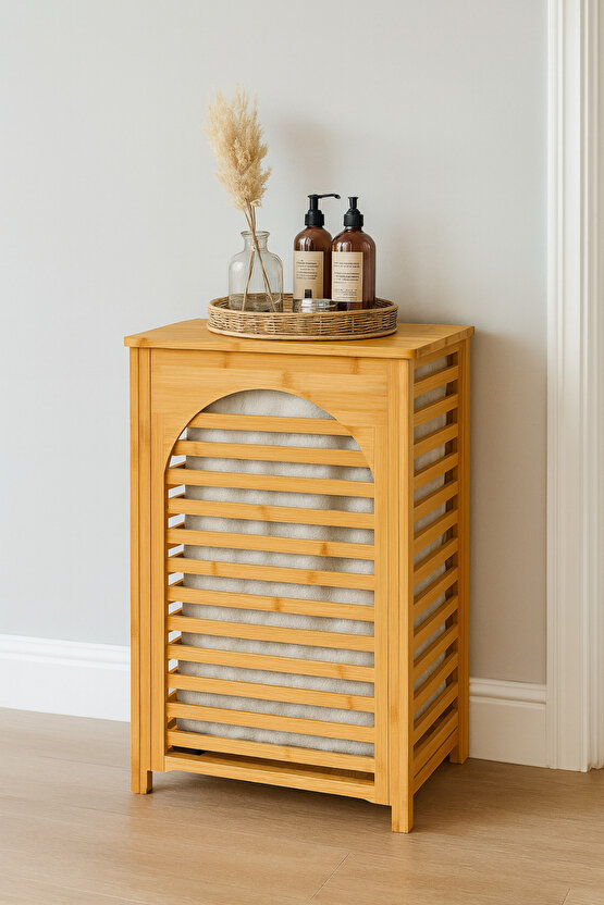 Bambu Kapaklı Çamaşır Sepeti – Havalandırmalı Kirli Sepeti, Çıkarılabilir İç Torbalı, 60x35x35 cm