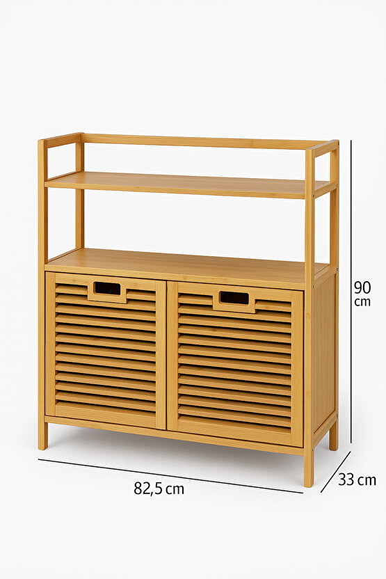 Bambu 2 Kapaklı 240 Lt Çamaşır Sepeti Banyo Düzenleyici 90x82,5x33 cm Açık Raflı Çok Amaçlı Dolap