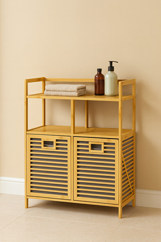 Bambu 2 Kapaklı 240 Lt Çamaşır Sepeti Banyo Düzenleyici 90x82,5x33 cm Açık Raflı Çok Amaçlı Dolap
