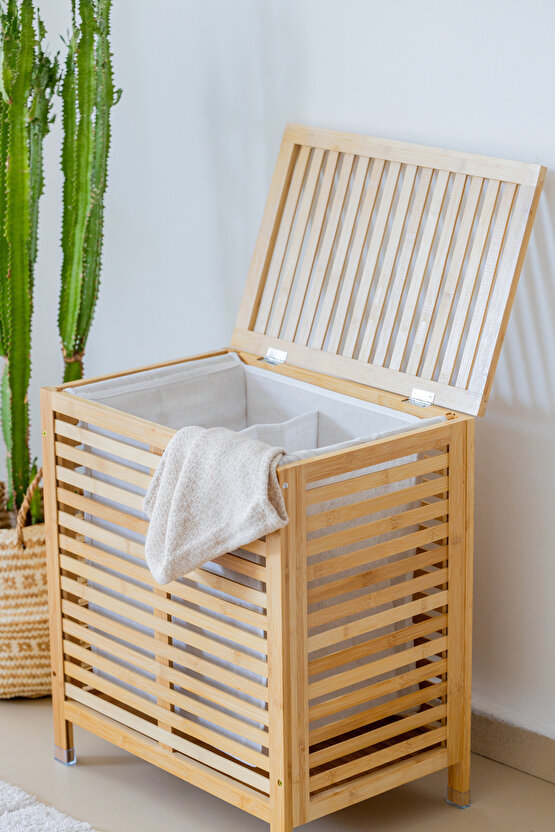 Bambu Kapaklı 105 Lt Çamaşır Sepeti Çok Amaçlı Depolama Dolabı Havalandırmalı Dekoratif Kirli Sepeti