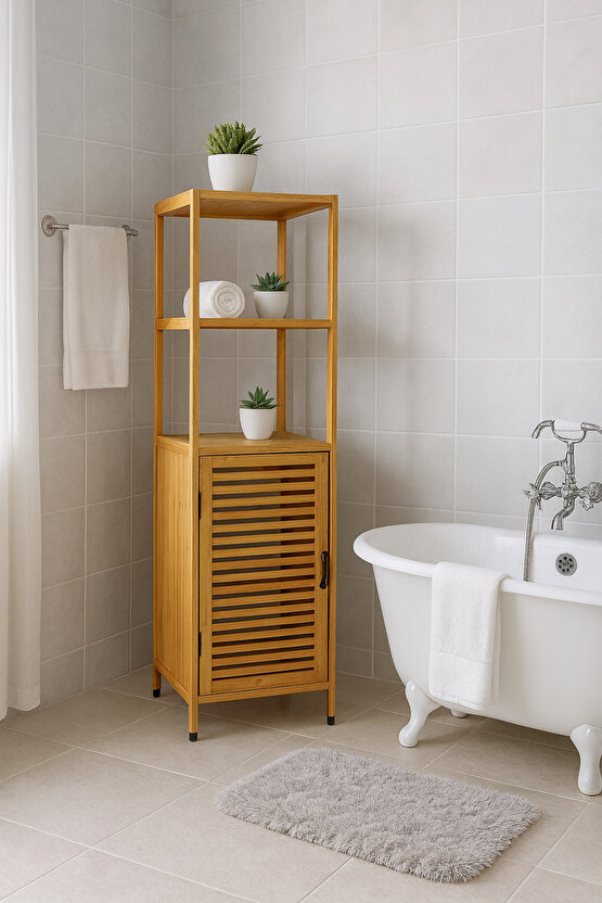 Bambu Banyo ve Çamaşır Dolabı – Çok Raflı, Kapaklı, Doğal Ahşap Düzenleyici