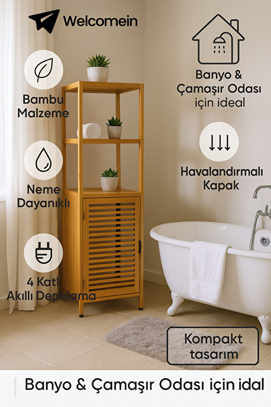 Bambu Banyo ve Çamaşır Dolabı – Çok Raflı, Kapaklı, Doğal Ahşap Düzenleyici