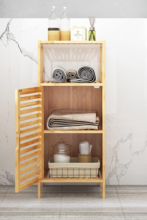 Doğal Bambu 4 Raflı Banyo ve Çamaşır Dolabı – Tek Kapaklı Panjur Tasarım Saklama Dolabı