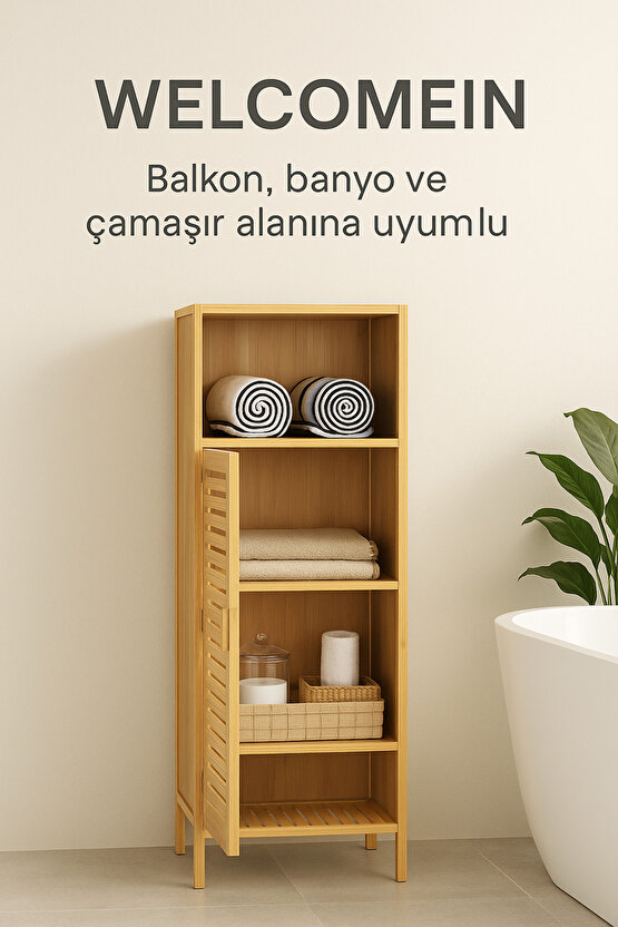 Doğal Bambu 4 Raflı Banyo ve Çamaşır Dolabı – Tek Kapaklı Panjur Tasarım Saklama Dolabı