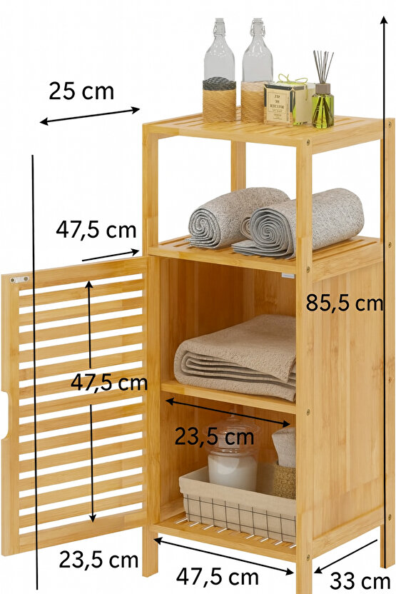Doğal Bambu 4 Raflı Banyo ve Çamaşır Dolabı – Tek Kapaklı Panjur Tasarım Saklama Dolabı