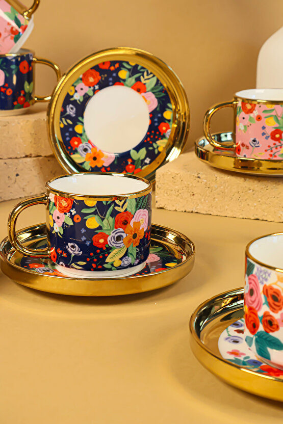 6 Kişilik 12 Parça Renkli Çiçek Desenli Porselen Kahve Fincan Takımı – Lüks ve Modern Tasarım