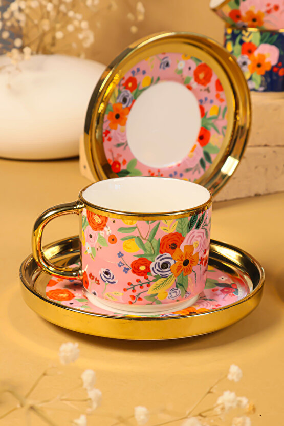 6 Kişilik 12 Parça Renkli Çiçek Desenli Porselen Kahve Fincan Takımı – Lüks ve Modern Tasarım