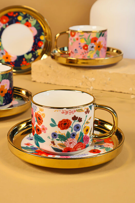 6 Kişilik 12 Parça Renkli Çiçek Desenli Porselen Kahve Fincan Takımı – Lüks ve Modern Tasarım