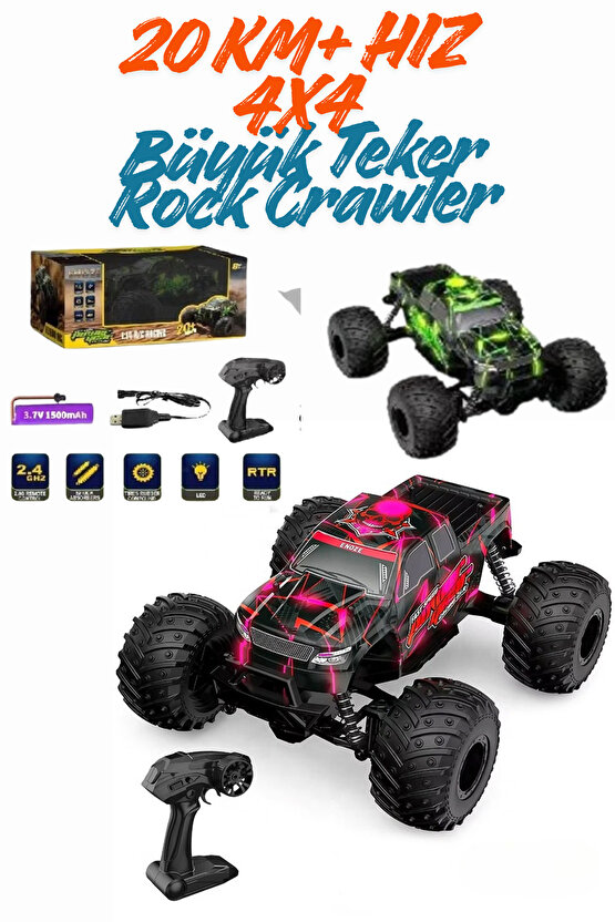 Oyuncak 2.4 Ghz Uzaktan Kumandalı Dev Teker 4X4 20 Km Hız Yapan Rock Crawler Araba Monster