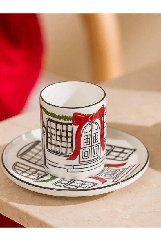 Beyaz Baskılı 2 Kişilik Porselen Kahve Fincan Takımı 100 Ml