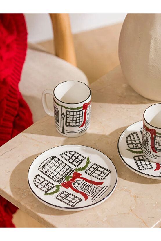 Beyaz Baskılı 2 Kişilik Porselen Kahve Fincan Takımı 100 Ml