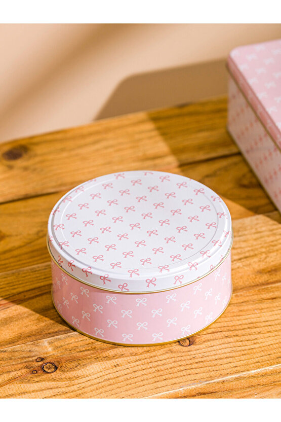 Pembe Fiyonk Baskılı Metal Saklama Kabı 2li