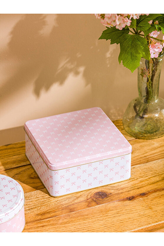 Pembe Fiyonk Baskılı Metal Saklama Kabı 2li