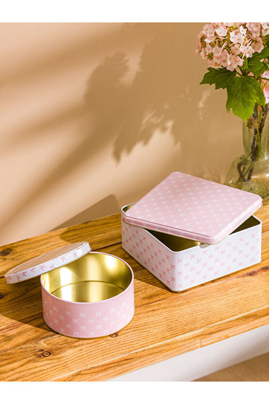 Pembe Fiyonk Baskılı Metal Saklama Kabı 2li