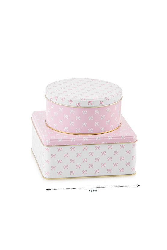 Pembe Fiyonk Baskılı Metal Saklama Kabı 2li