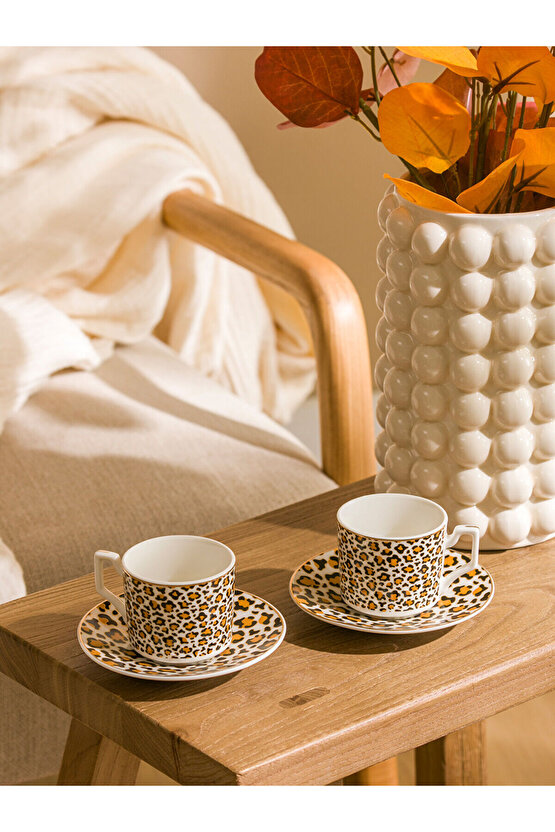 LCW HOME Leopar Desenli İki Kişilik Porselen Kahve Fincan Takımı 90 ml