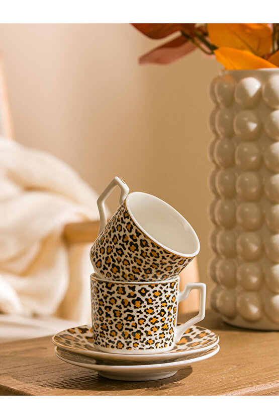 LCW HOME Leopar Desenli İki Kişilik Porselen Kahve Fincan Takımı 90 ml
