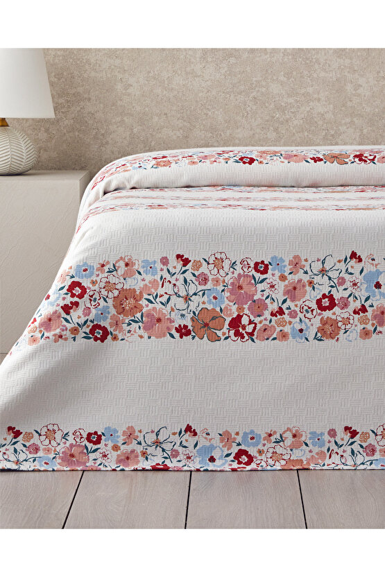 Vintage Floral Baskılı Pamuklu Tek Kişilik Pike 150x220 cm Somon