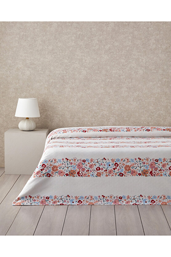 Vintage Floral Baskılı Pamuklu Tek Kişilik Pike 150x220 cm Somon