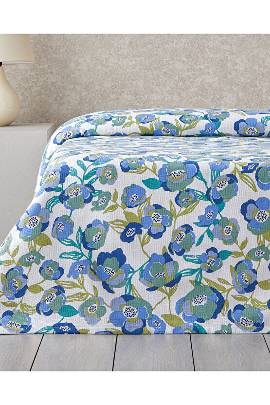 Summer Blooms Baskılı Pamuklu Tek Kişilik Pike 150x220 cm Mavi (29.03.2025)