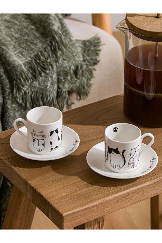 LCW HOME Siyah Kedi Baskılı 2 Kişilik Porselen Kahve Fincan Takımı SNOW.SUN