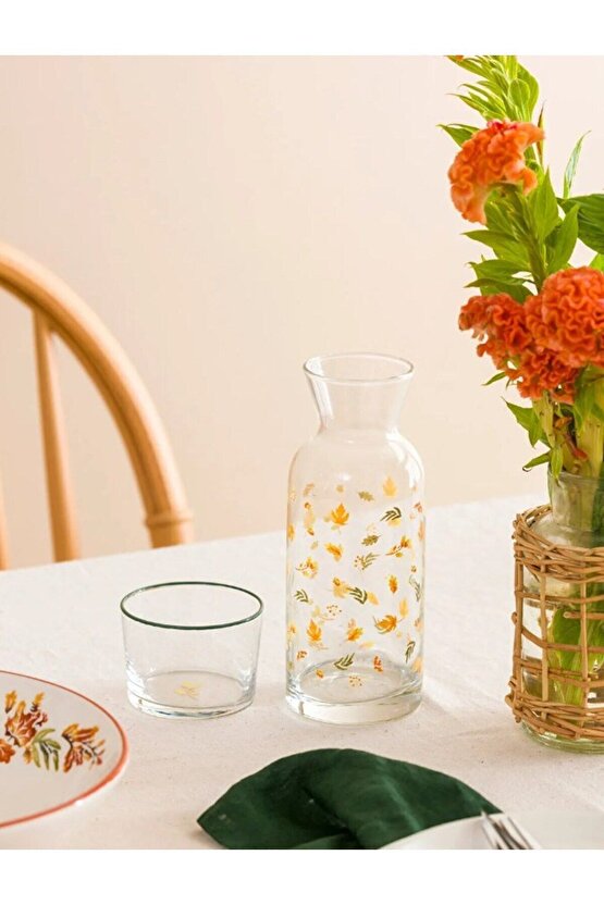 Baskılı Bardak Kapaklı Cam Karaf Sürahi 700 ml