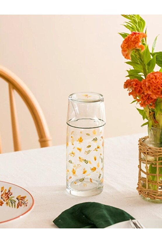 Baskılı Bardak Kapaklı Cam Karaf Sürahi 700 ml