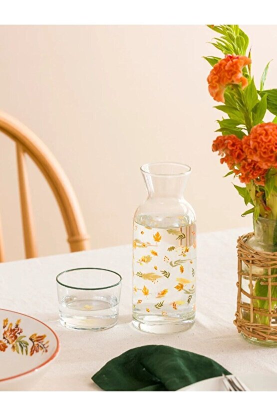 Baskılı Bardak Kapaklı Cam Karaf Sürahi 700 ml