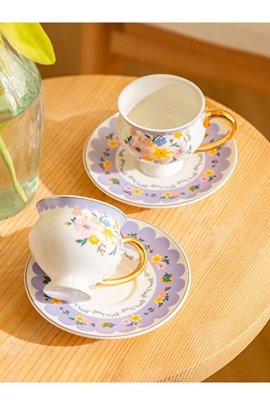 Desenli Porselen Kahve Fincan Takımı 2li 90 Ml