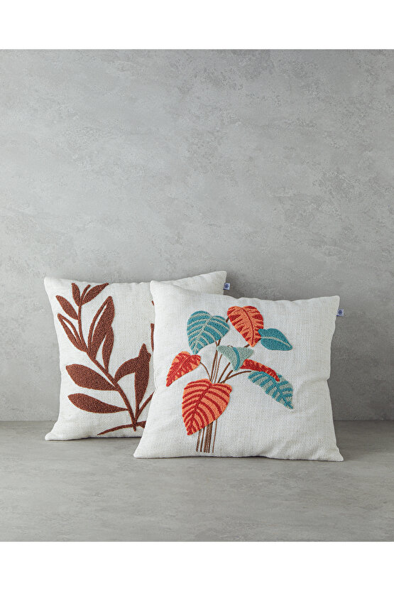 Foglie Punch Nakışlı Kırlent Kılıfı 45x45 cm Ekru