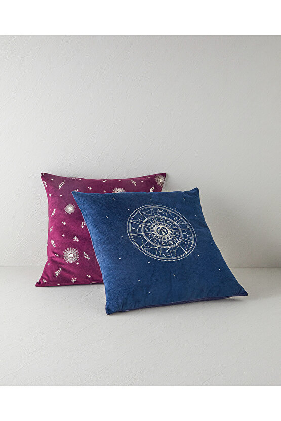 Zodiac Kadife Nakışlı Kırlent Kılıfı 45x45 cm Lacivert
