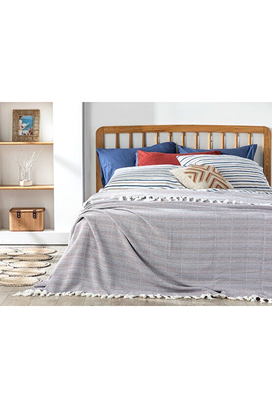 Triago Dokuma Tek Kişilik Yatak Örtüsü 160x240 Cm Lacivert- Terracotta