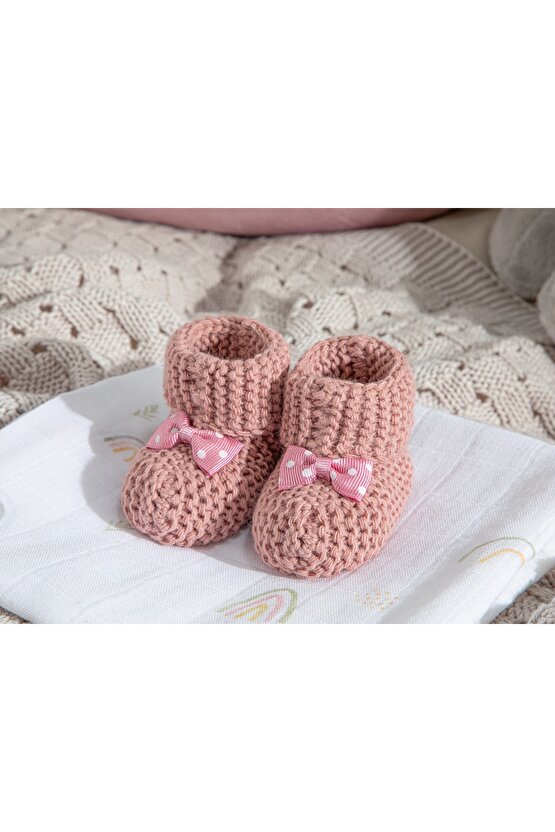 Soft Triko Fiyonklu Bebe Çorap 6-12 Ay Gül Kurusu