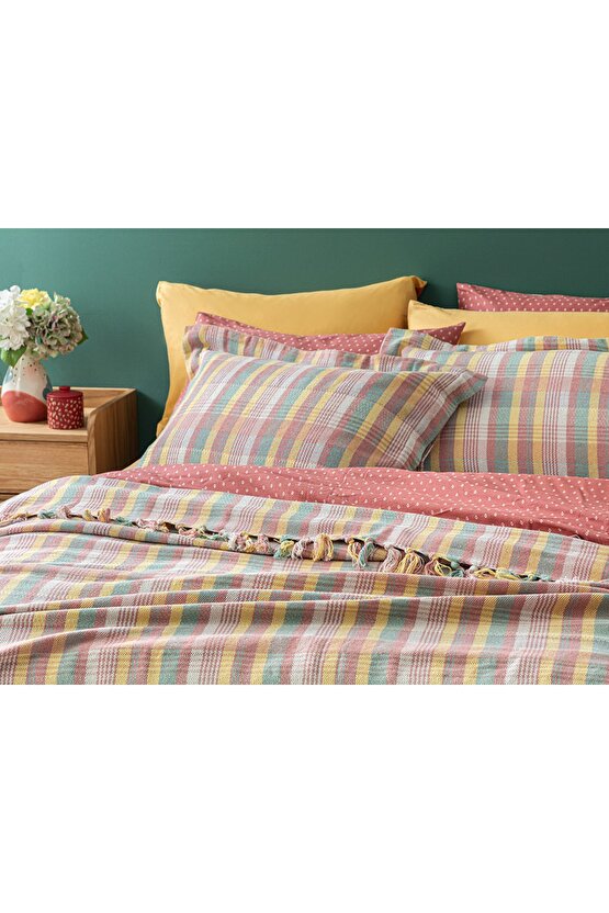 Madras Plaid Dokuma Tek Kişilik Yatak Örtüsü Takımı 160x240 Cm Pembe - Sarı