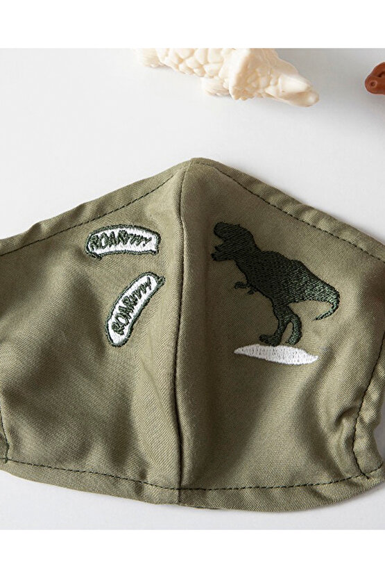 Dinosaur Pamuklu Kumaş 4-12 Yaş Çocuk Maske? Yeşil