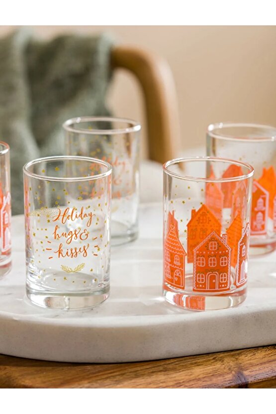 Yılbaşı Kolesiyonu Kahverengi Yılbaşı Baskılı Cam Bardak Seti 6lı 125 Ml