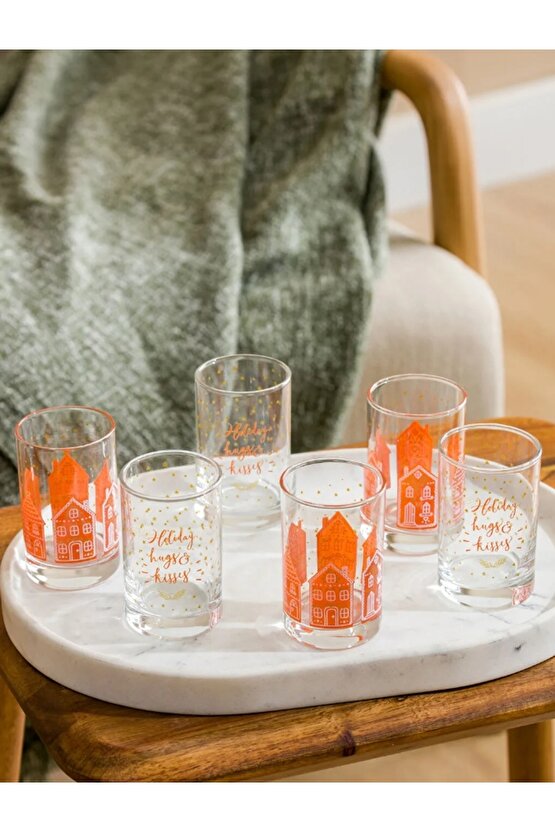 Yılbaşı Kolesiyonu Kahverengi Yılbaşı Baskılı Cam Bardak Seti 6lı 125 Ml