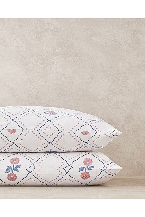 Ornament Blossom Pamuklu 2li Yastık Kılıfı Mavi - Pembe