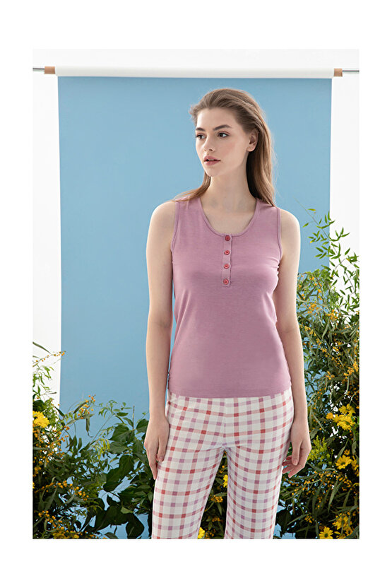 Summer Check Viskon Kadın Pijama Takımı Lila