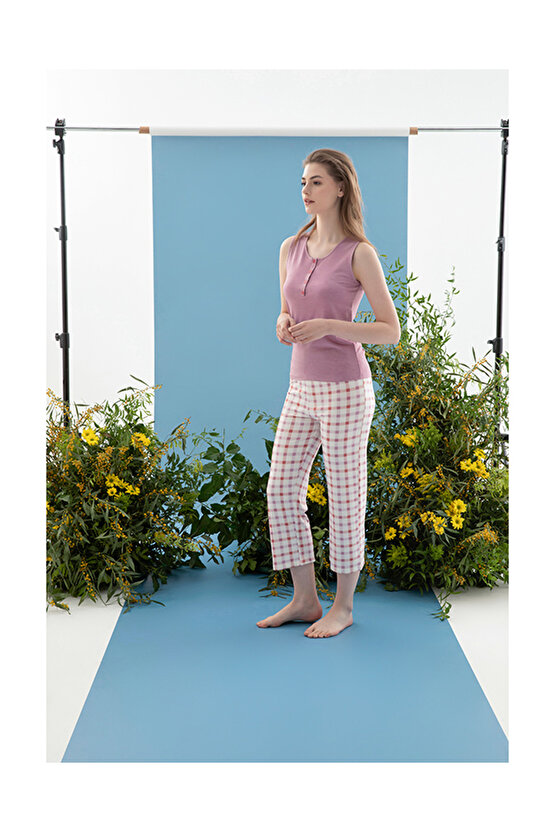 Summer Check Viskon Kadın Pijama Takımı Lila
