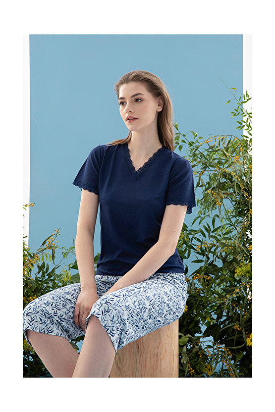 Leaf Viskon Kadın Pijama Takımı Lacivert