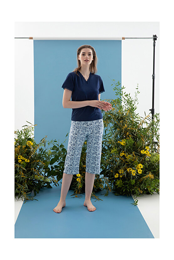 Leaf Viskon Kadın Pijama Takımı Lacivert