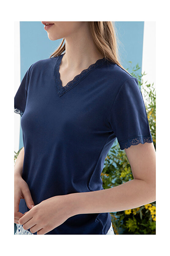 Leaf Viskon Kadın Pijama Takımı Lacivert